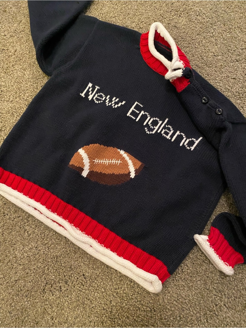 Handmade Navy 'New England' Football Knit Sweater with Red & White Trim 2/3T - Picture 3 of 9